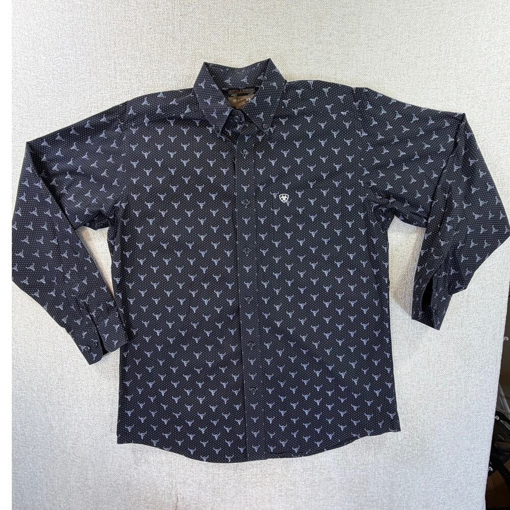 Ariat Men's Large Black Gray Longhorn Print Stretch Western Button Front Shirt